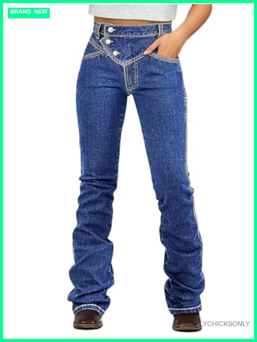 High Waist Bootcut Jeans Stitch Detail Button Up Stretchy Denim